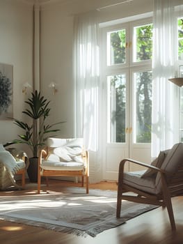 A cozy living room with hardwood flooring, featuring a comfortable couch, chair, and rug as fixtures. The space exudes warmth and comfort