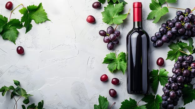 A glass bottle of red liquid, surrounded by green grapes and leaves, placed on a table. The scene includes plant organisms and drinkware