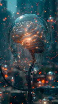 An artistic creation blending water, liquid, and gas inside a glass light bulb, with a brain for automotive lighting. The electric blue reflection creates a spacelike ambiance