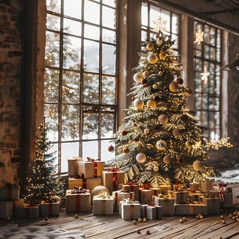 A beautifully decorated Christmas tree with ornaments is surrounded by presents in a room filled with natural lighting from numerous windows, creating a cozy and festive atmosphere