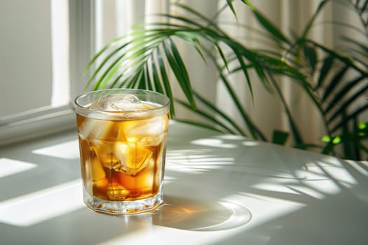 A glass of iced black coffee on white background with plant and clean composition, Minimal style.