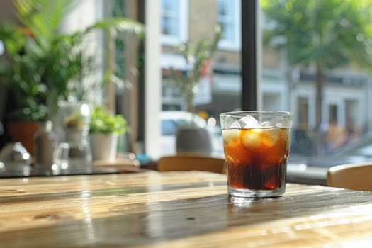 A glass of iced black coffee on white background with plant and clean composition, Minimal style.