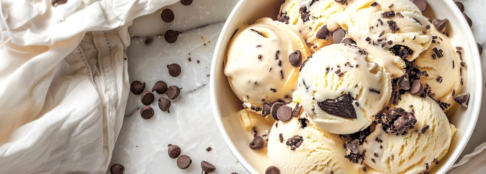 Homemade creamy ice cream with chocolate chip cookie pieces in an ice cream bowl. Banner with place for text. AI generated.