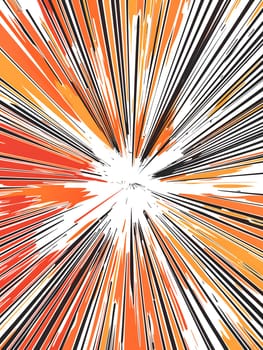 An illustration of a burst of orange and white lines drawn with an electric blue pencil on a white background, creating a symmetrical and captivating pattern