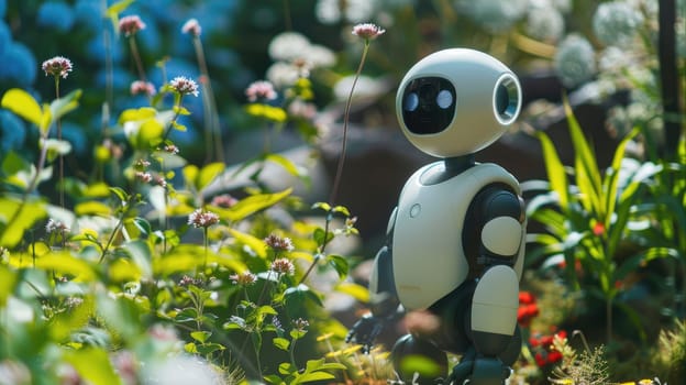 The robot helps in caring for flowers. Robot - greenhouse worker AI