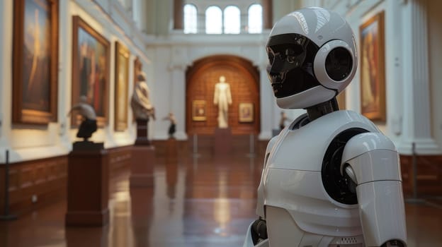 Robot in museum, statue in background. Visual arts event AI