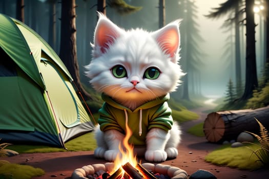 cute cat sits in the evening by the fire in the forest .