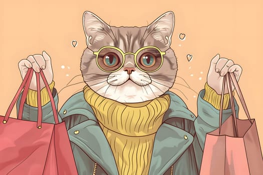 A Cartoon cat, wearing glasses and a jacket, is making a shopping gesture while holding shopping bags. This creative art paint features a Felidae doing some shopping