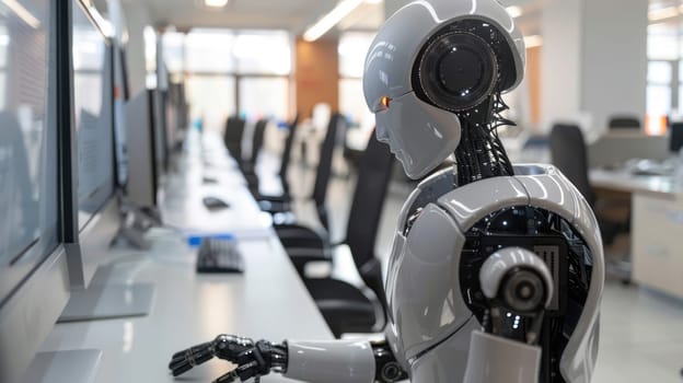 Humanoid robot works in the office at the computer AI