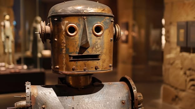 Close up of an antique metal robot with rusty holes in its eyes AI