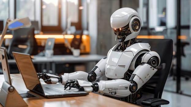 Humanoid robot works in the office at the computer AI