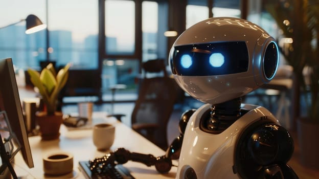 Humanoid robot works in the office at the computer AI