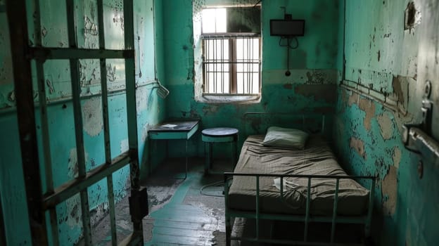 Solitary cell in a prison with shabby walls. AI