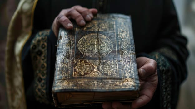 Priest in church holding scriptures and conducting ceremonies. AI