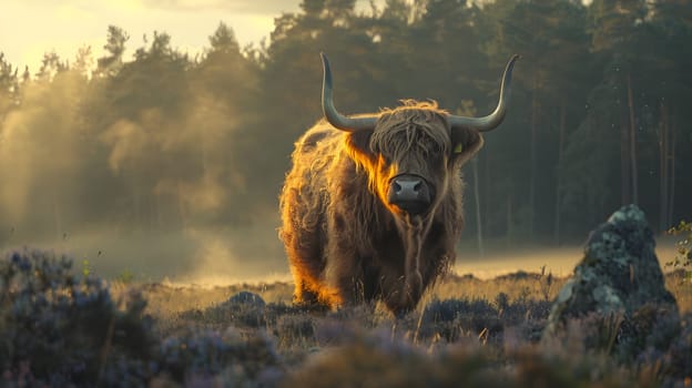 A bull yak with long horns is grazing in a grassy ecoregion, surrounded by trees and natural landscape. This terrestrial animal is a working animal and valuable livestock, resembling an ox