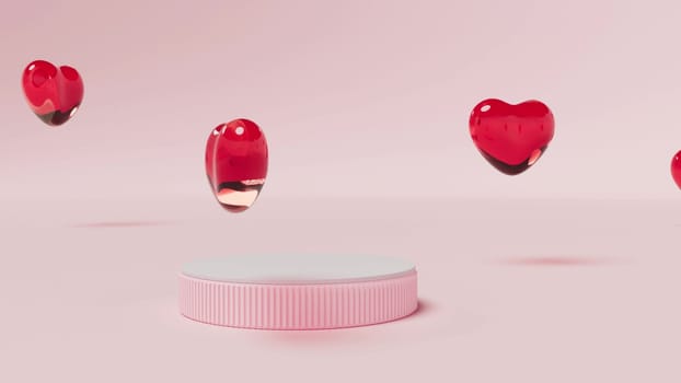 Pink pedestal or podium with red glass heart Minimal wall scene Stage showcase 3d render