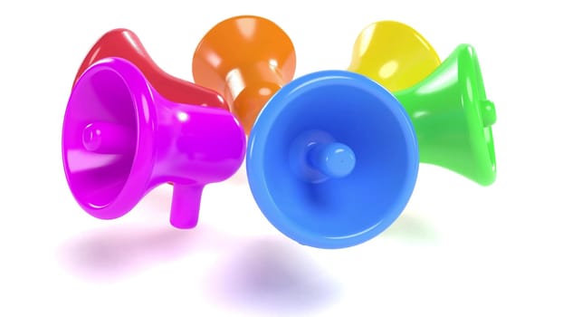 Color plastic bullhorn public address megaphones on white back 3d render