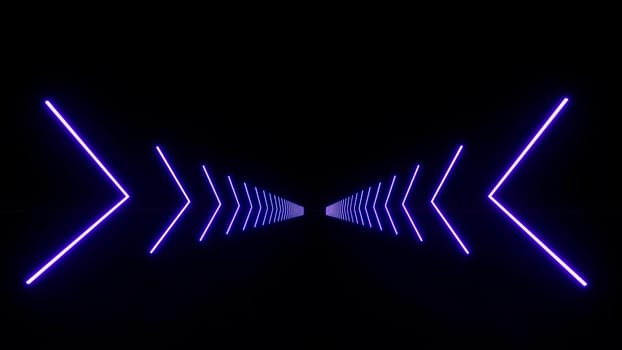 Glow neon corridor glowing arrows on black back 3d render