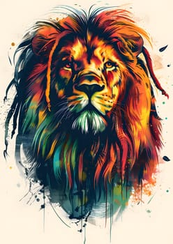 A vibrant painting of a lion with dreadlocks, showcasing the majestic head of this carnivorous Felidae on a white canvas. The detailed eye of the big cat is mesmerizing