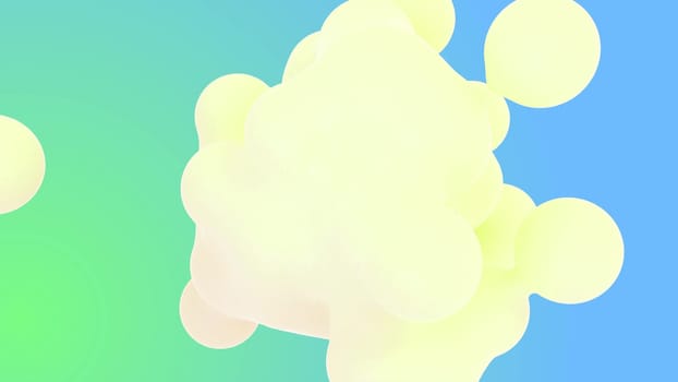 Gradient background with yellow morphing shapes metaballs on green blue back 3d render