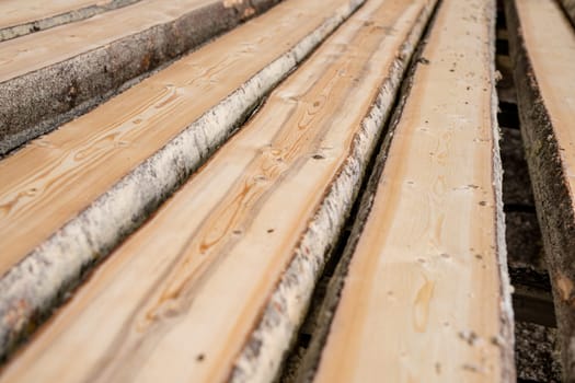 At sawmill. Image of wooden boards lying in row, close-up