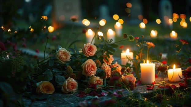 Candles and flowers on the grave. Cemetery in the background AI