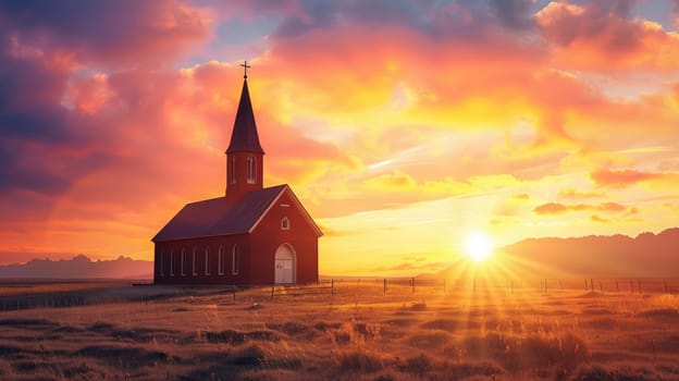 Christian church against the backdrop of a beautiful sunset sky AI