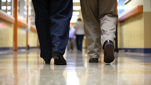 A man and woman stroll down hardwood floor hallway AI