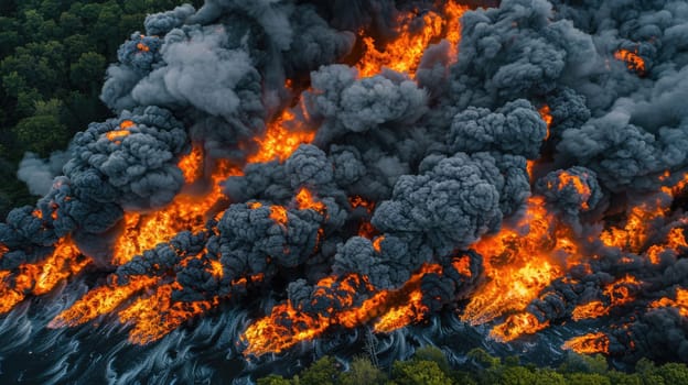 Black clouds of smoke and fire in a large forest fire AI