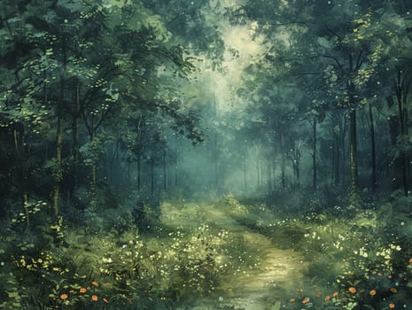 Acrylic painting of a serene forest, transformed into a beautiful digital illustration.