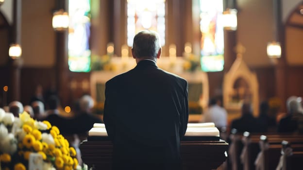 Priest in the church, view from the back. AI