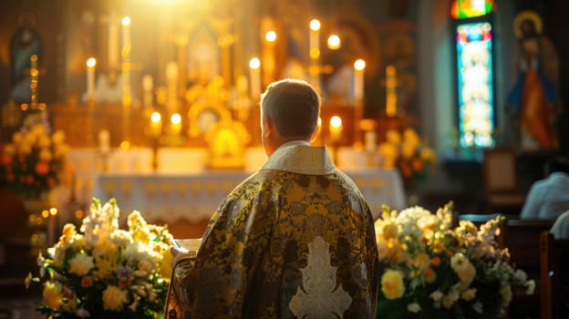 Priest in the church, view from the back. AI