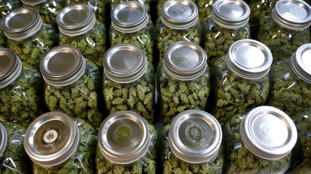 Dry cannabis in jars, sale of marijuana in a country with legalization AI