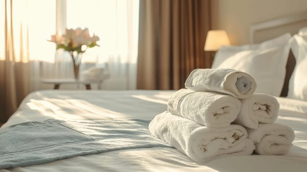 Clean white towels on fresh linens in a hotel room. Hotel room cleaning AI