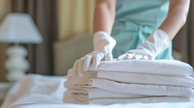 Clean white towels on fresh linens in a hotel room. Hotel room cleaning AI