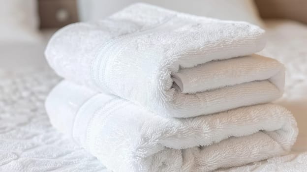 Clean white towels on fresh linens in a hotel room. Hotel room cleaning AI