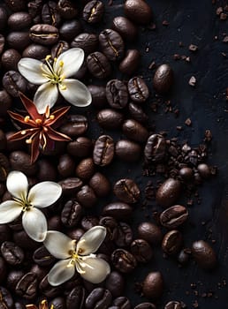 A mix of coffee beans and flowers displayed on a black surface. The arrangement includes terrestrial plants, flowering plants, natural foods, and fashionable accessories like anise