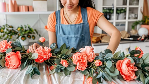 A woman is arranging a bouquet of garden roses and hybrid tea roses on a table, creating a colorful garland of orange petals AI