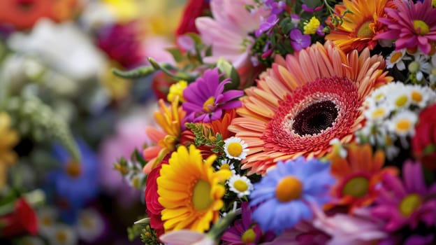 Vibrant bouquet of orange and magenta flowers, a closeup of artificial blooms AI