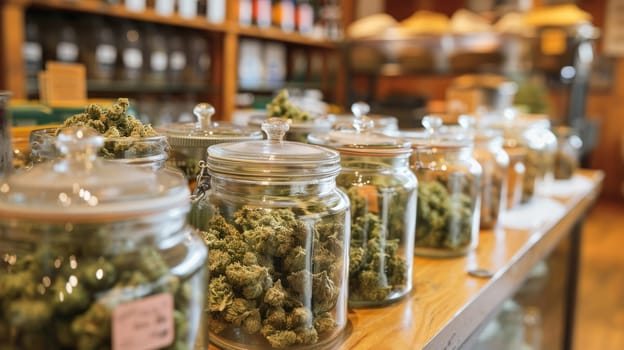 Dry cannabis in jars, sale of marijuana in a country with legalization AI