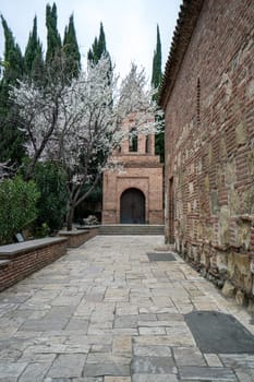 In garden of Orthodox church at spring time. Georgia