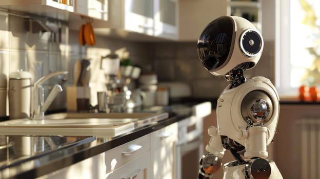 A robot is positioned in the kitchen, functioning as a kitchen assistant AI