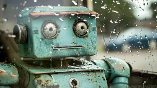 Closeup of a green rusty robot with water drops AI