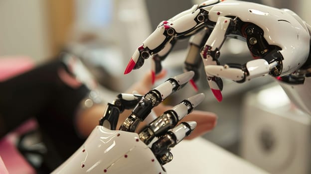 A robotic hand adorned with red nails is making a gesture towards another robotic hand AI