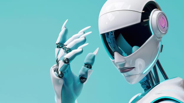 White robot woman with manicured hands on a blue background AI