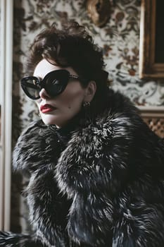 A woman in fur clothing and sunglasses is seated indoors, showcasing her fashion sense and style with trendy eyewear and luxurious coat