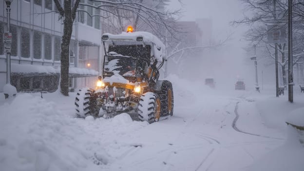 A vehicle with a snow plow clears a snow covered street AI