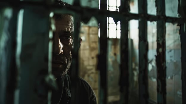 Man in dark prison cell behind bars AI