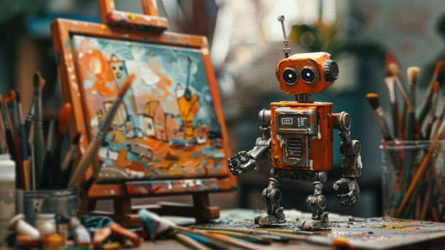 A robot toy stands before an art painting on a wooden easel AI