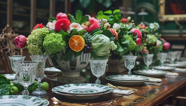 A beautifully set table adorned with plates, glasses, and flowers in elegant flowerpots. The houseplants add a touch of nature to the building, creating a serene atmosphere